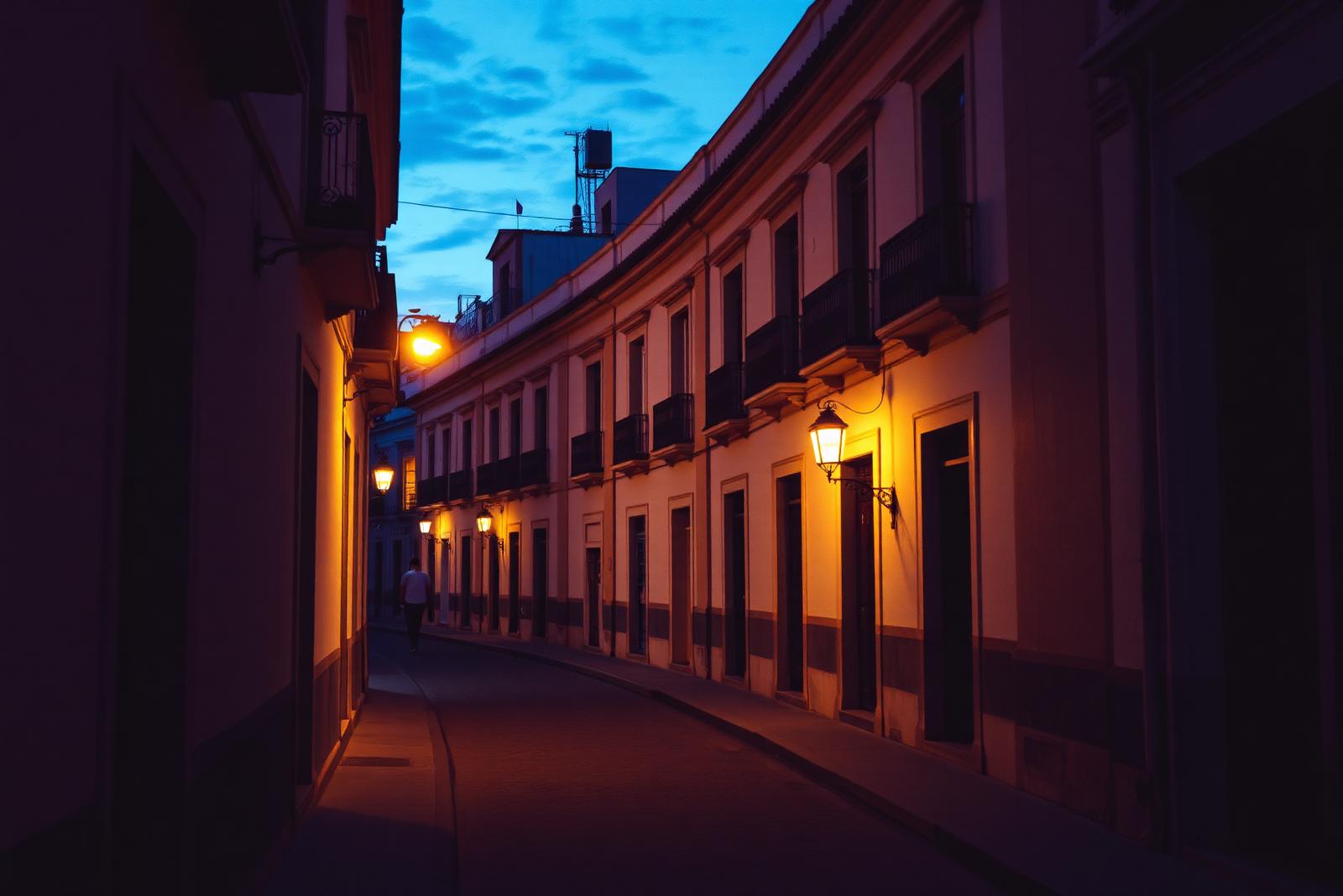 A street scene in Havana with passers-by and worn architectural detail